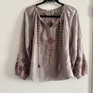 Johnny Was Top Gray Silk Split Tie Tasseled Embroidered Long Sleeve Sz S